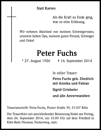 Anzeige von Peter Fuchs von Kölner Stadt-Anzeiger / Kölnische Rundschau / Express
