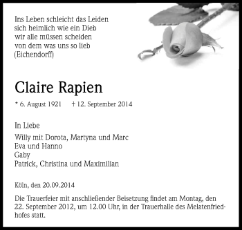 Anzeige von Claire Rapien von Kölner Stadt-Anzeiger / Kölnische Rundschau / Express
