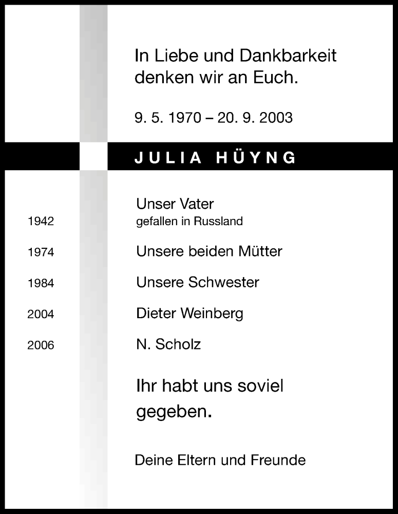  Traueranzeige für Julia Hüyng vom 20.09.2014 aus Kölner Stadt-Anzeiger / Kölnische Rundschau / Express