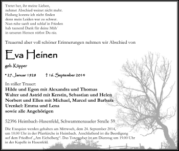 Anzeige von Eva Heinen von Kölner Stadt-Anzeiger / Kölnische Rundschau / Express