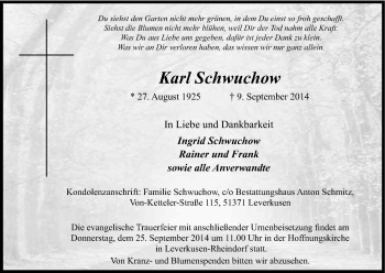 Anzeige von Karl Schwuchow von Kölner Stadt-Anzeiger / Kölnische Rundschau / Express