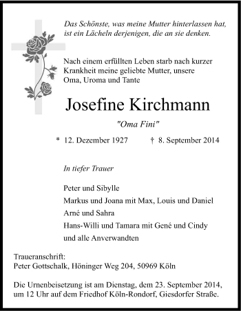 Anzeige von Josefine Kirchmann von Kölner Stadt-Anzeiger / Kölnische Rundschau / Express
