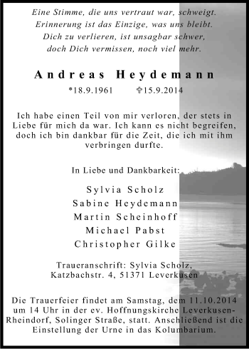 Anzeige von Andreas Heydemann von Kölner Stadt-Anzeiger / Kölnische Rundschau / Express