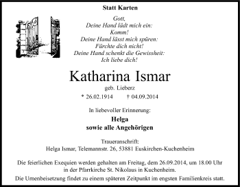 Anzeige von Katharina Ismar von Kölner Stadt-Anzeiger / Kölnische Rundschau / Express