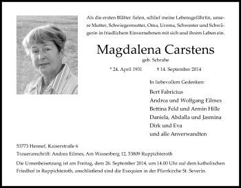 Anzeige von Magdalena Carstens von Kölner Stadt-Anzeiger / Kölnische Rundschau / Express