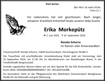 Anzeige von Erika Morkepütz von Kölner Stadt-Anzeiger / Kölnische Rundschau / Express