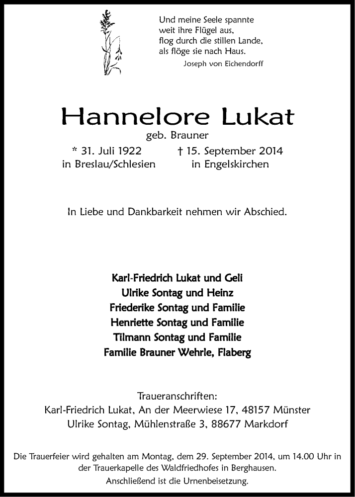  Traueranzeige für Hannelore Lukat vom 20.09.2014 aus Kölner Stadt-Anzeiger / Kölnische Rundschau / Express