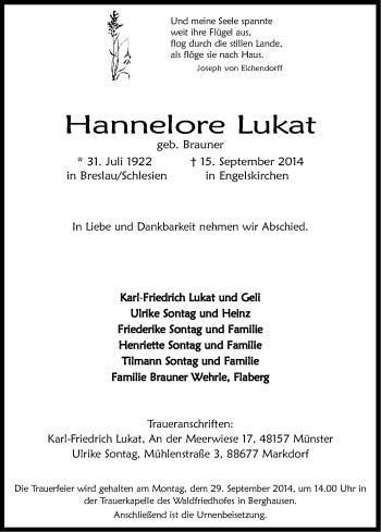 Anzeige von Hannelore Lukat von Kölner Stadt-Anzeiger / Kölnische Rundschau / Express
