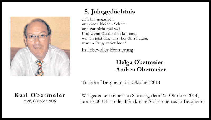  Traueranzeige für Karl Obermeier vom 11.10.2014 aus Kölner Stadt-Anzeiger / Kölnische Rundschau / Express