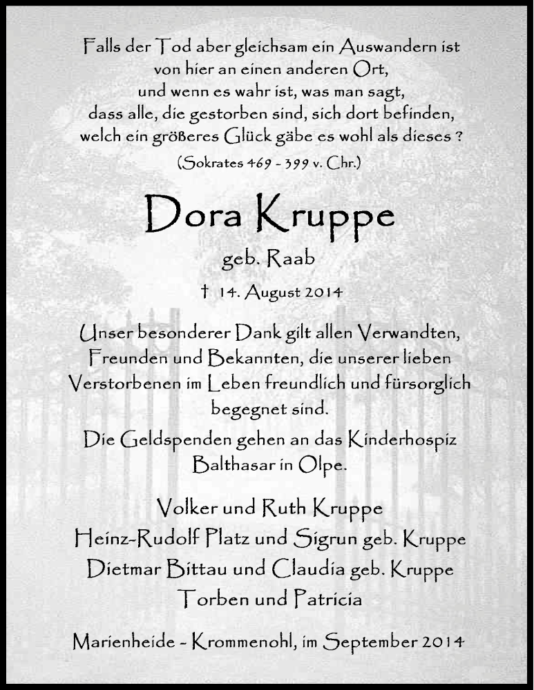  Traueranzeige für Dora Kruppe vom 20.09.2014 aus Kölner Stadt-Anzeiger / Kölnische Rundschau / Express