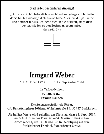 Anzeige von Irmgard Weber von Kölner Stadt-Anzeiger / Kölnische Rundschau / Express