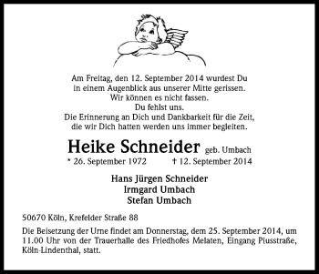 Anzeige von Heike Schneider von Kölner Stadt-Anzeiger / Kölnische Rundschau / Express