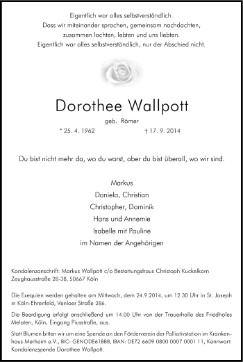 Anzeige von Dorothee Wallpott von Kölner Stadt-Anzeiger / Kölnische Rundschau / Express
