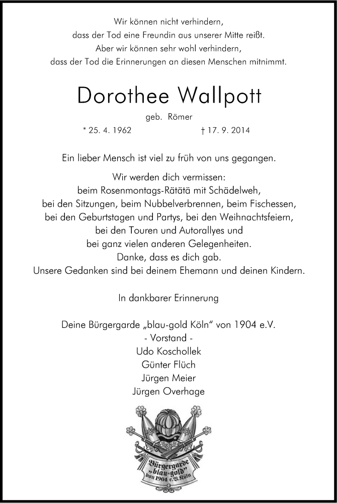  Traueranzeige für Dorothee Wallpott vom 20.09.2014 aus Kölner Stadt-Anzeiger / Kölnische Rundschau / Express