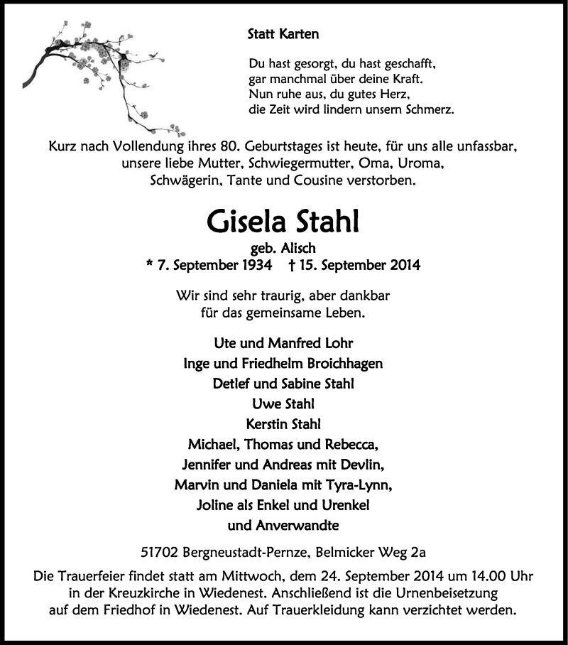  Traueranzeige für Gisela Stahl vom 20.09.2014 aus Kölner Stadt-Anzeiger / Kölnische Rundschau / Express