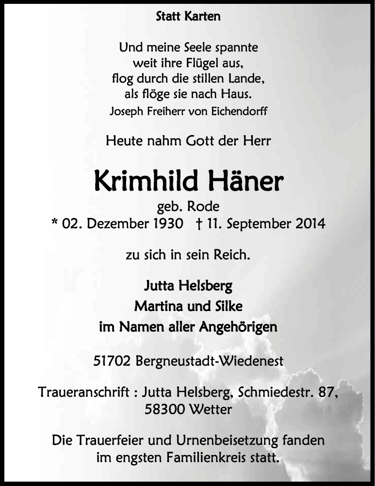  Traueranzeige für Krimhild Häner vom 20.09.2014 aus Kölner Stadt-Anzeiger / Kölnische Rundschau / Express