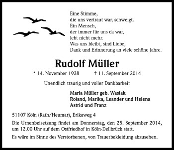 Anzeige von Rudolf Müller von Kölner Stadt-Anzeiger / Kölnische Rundschau / Express