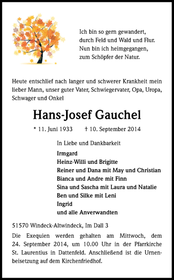 Anzeige von Hans-Josef Gauchel von Kölner Stadt-Anzeiger / Kölnische Rundschau / Express