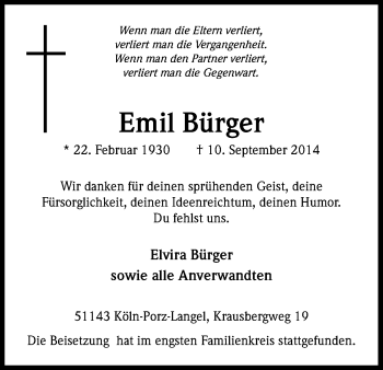 Anzeige von Emil Bürger von Kölner Stadt-Anzeiger / Kölnische Rundschau / Express