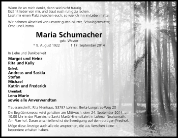 Anzeige von Maria Schumacher von Kölner Stadt-Anzeiger / Kölnische Rundschau / Express