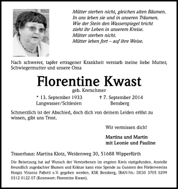 Anzeige von Florentine Kwast von Kölner Stadt-Anzeiger / Kölnische Rundschau / Express