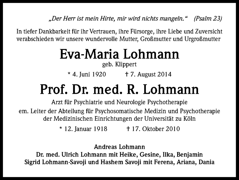  Traueranzeige für Eva-Marie Lohmann vom 27.09.2014 aus Kölner Stadt-Anzeiger / Kölnische Rundschau / Express