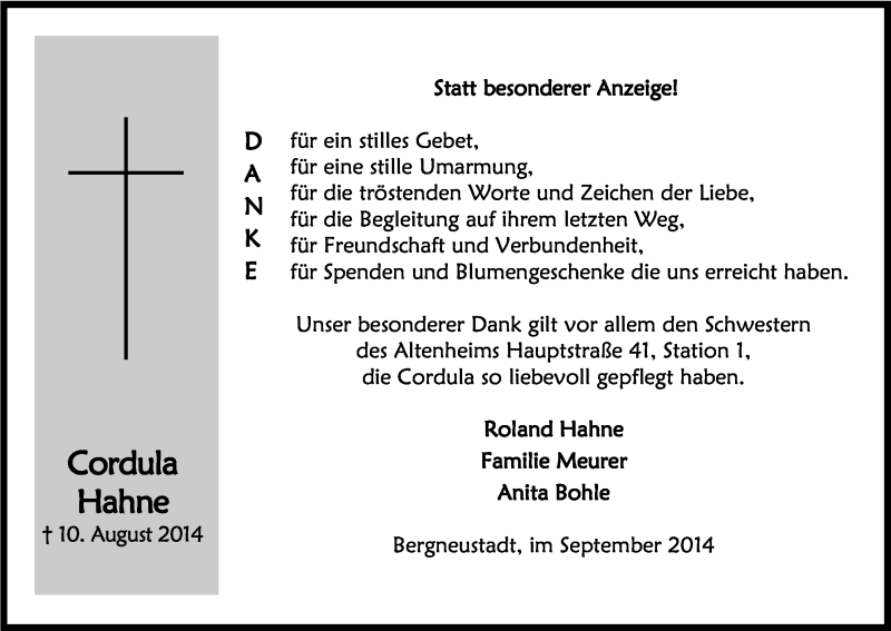  Traueranzeige für Cordula Hahne vom 20.09.2014 aus Kölner Stadt-Anzeiger / Kölnische Rundschau / Express