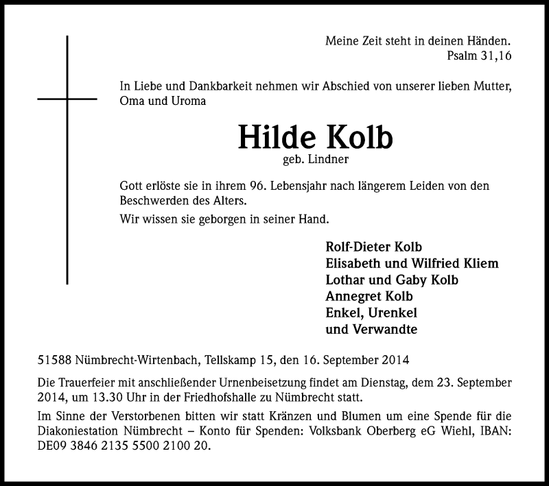  Traueranzeige für Hilde Kolb vom 20.09.2014 aus Kölner Stadt-Anzeiger / Kölnische Rundschau / Express