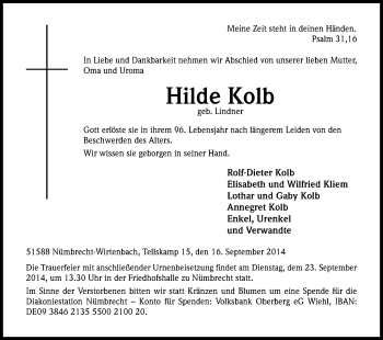 Anzeige von Hilde Kolb von Kölner Stadt-Anzeiger / Kölnische Rundschau / Express