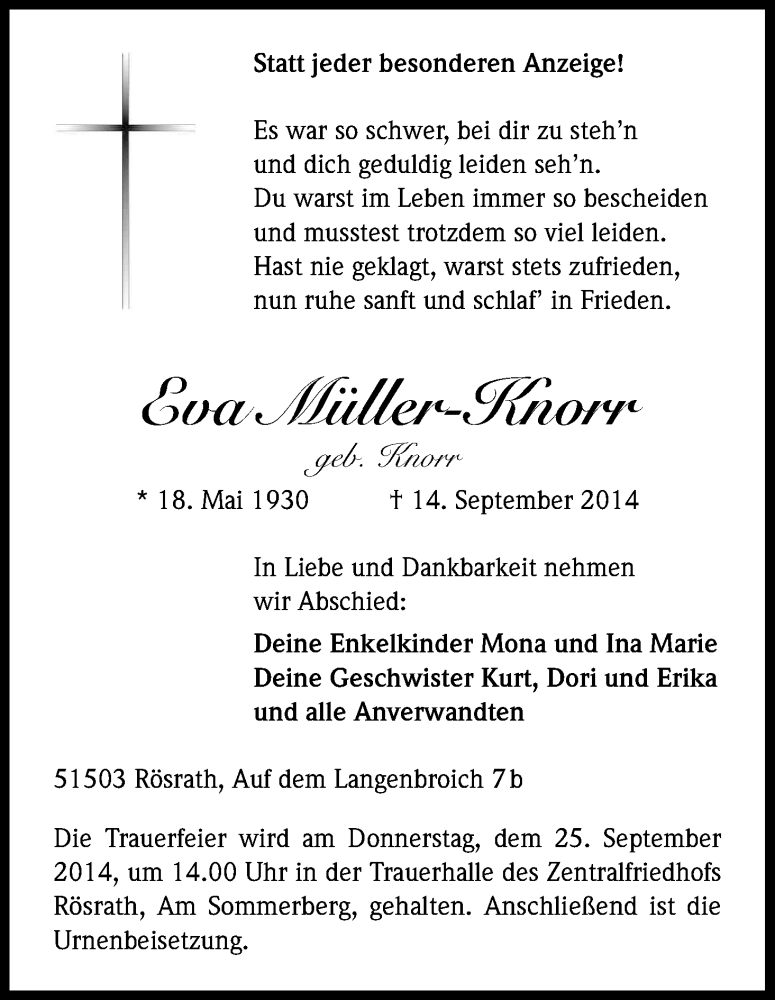  Traueranzeige für Eva Müller-Knorr vom 20.09.2014 aus Kölner Stadt-Anzeiger / Kölnische Rundschau / Express