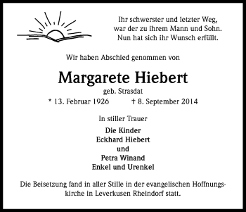 Anzeige von Margarete Hiebert von Kölner Stadt-Anzeiger / Kölnische Rundschau / Express