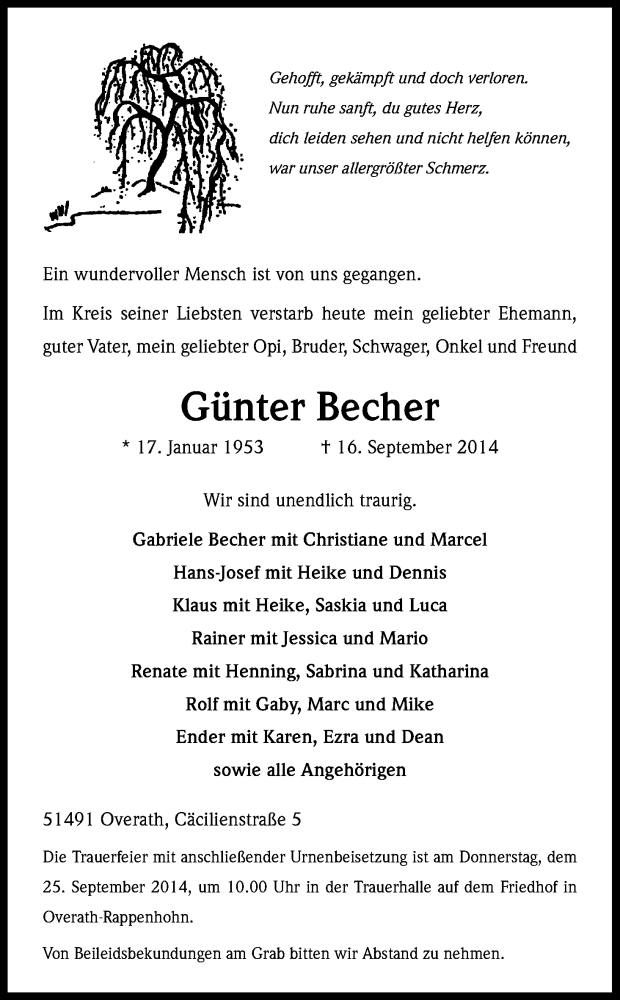  Traueranzeige für Günter Becher vom 20.09.2014 aus Kölner Stadt-Anzeiger / Kölnische Rundschau / Express