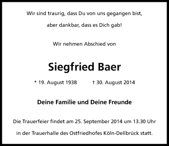 Anzeige von Siegfried Baer von Kölner Stadt-Anzeiger / Kölnische Rundschau / Express