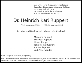 Anzeige von Heinrich Karl Ruppert von Kölner Stadt-Anzeiger / Kölnische Rundschau / Express