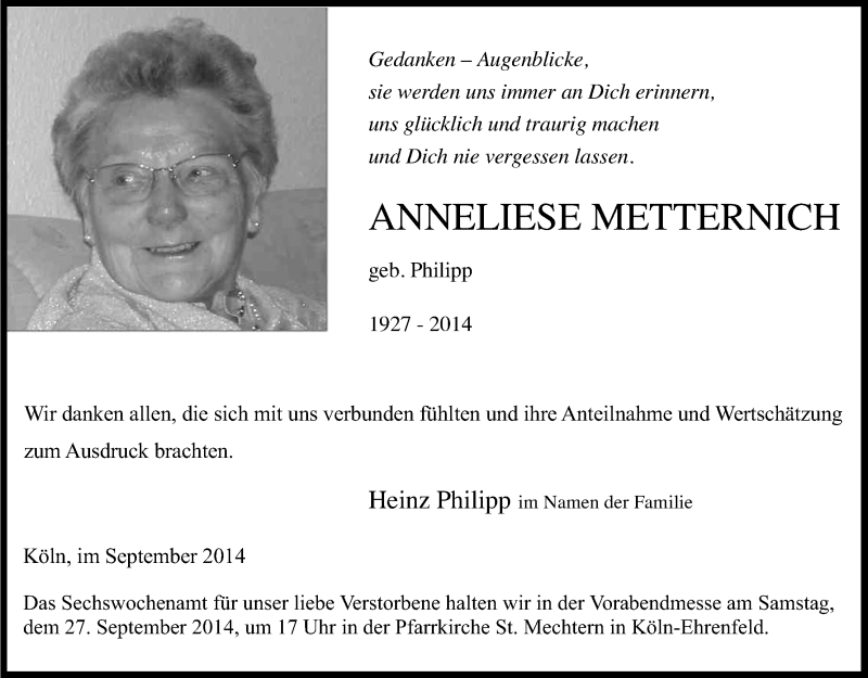  Traueranzeige für Anneliese Metternich vom 20.09.2014 aus Kölner Stadt-Anzeiger / Kölnische Rundschau / Express