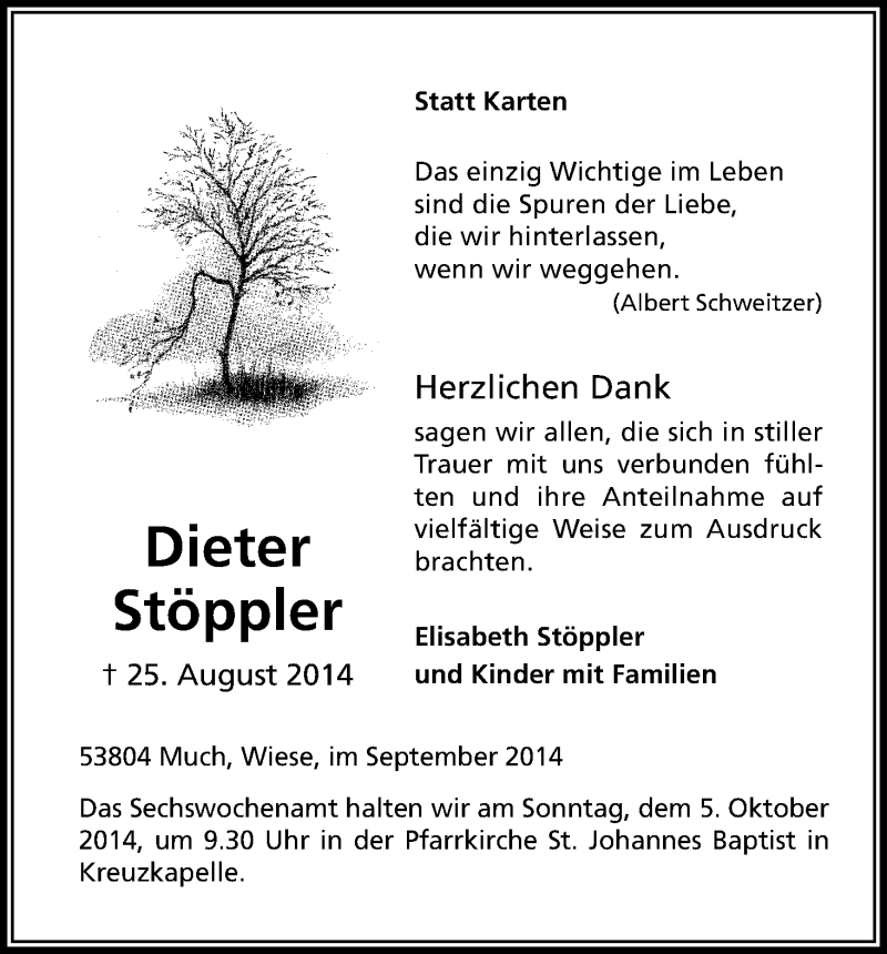  Traueranzeige für Dieter Stöppeler vom 27.09.2014 aus Kölner Stadt-Anzeiger / Kölnische Rundschau / Express