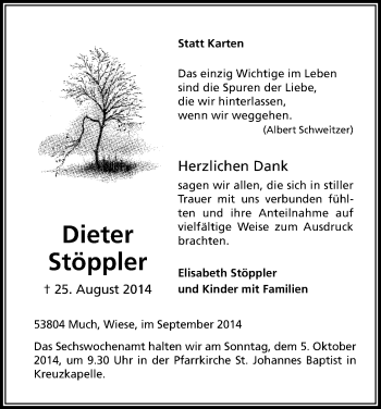 Anzeige von Dieter Stöppeler von Kölner Stadt-Anzeiger / Kölnische Rundschau / Express