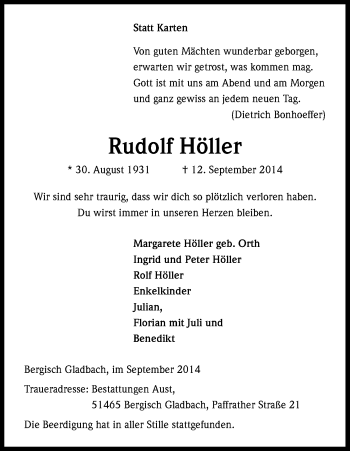 Anzeige von Rudolf Höller von Kölner Stadt-Anzeiger / Kölnische Rundschau / Express