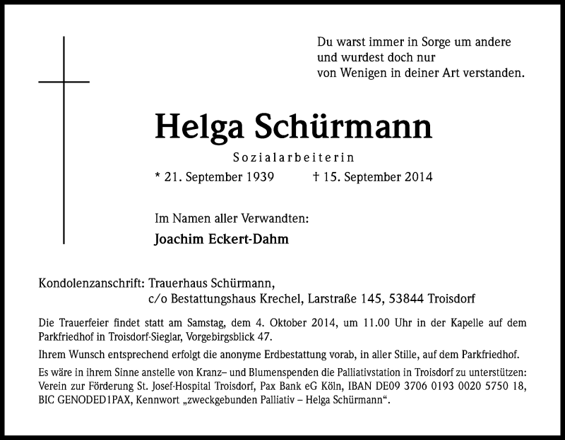  Traueranzeige für Helga Schürmann vom 20.09.2014 aus Kölner Stadt-Anzeiger / Kölnische Rundschau / Express