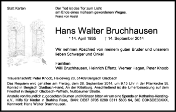 Anzeige von Hans Walter Bruchhausen von Kölner Stadt-Anzeiger / Kölnische Rundschau / Express