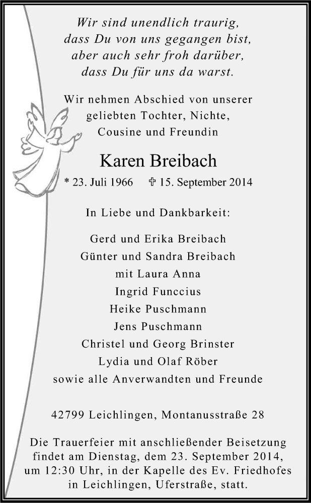  Traueranzeige für karen Breibach vom 20.09.2014 aus Kölner Stadt-Anzeiger / Kölnische Rundschau / Express