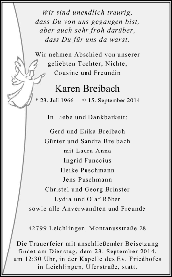 Anzeige von karen Breibach von Kölner Stadt-Anzeiger / Kölnische Rundschau / Express