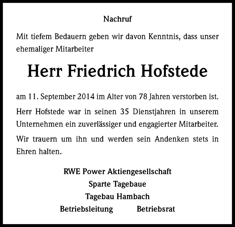  Traueranzeige für Friedrich Hofstede vom 22.09.2014 aus Kölner Stadt-Anzeiger / Kölnische Rundschau / Express