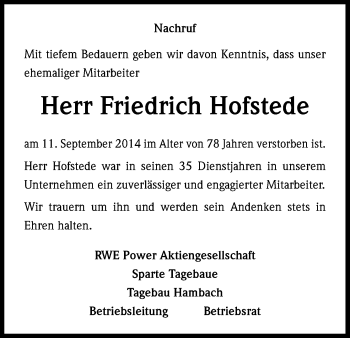 Anzeige von Friedrich Hofstede von Kölner Stadt-Anzeiger / Kölnische Rundschau / Express