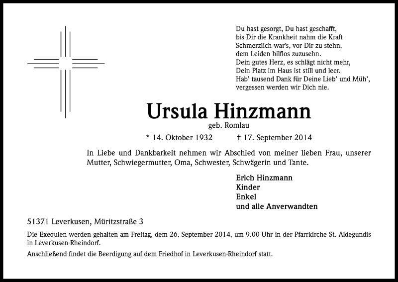  Traueranzeige für Ursula Hinzmann vom 20.09.2014 aus Kölner Stadt-Anzeiger / Kölnische Rundschau / Express