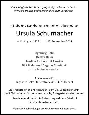 Anzeige von Ursula Schumacher von Kölner Stadt-Anzeiger / Kölnische Rundschau / Express