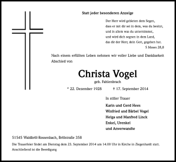 Anzeige von Christa Vogel von Kölner Stadt-Anzeiger / Kölnische Rundschau / Express