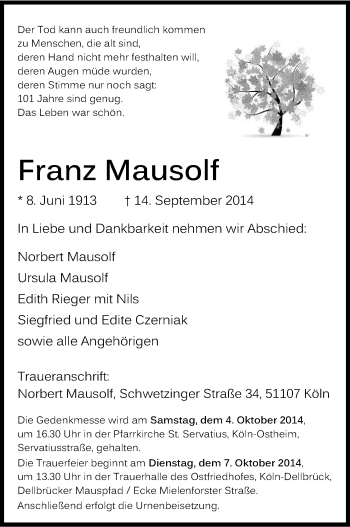 Anzeige von Franz Mausolf von Kölner Stadt-Anzeiger / Kölnische Rundschau / Express