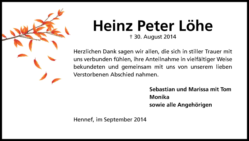  Traueranzeige für Heinz Peter Löhe vom 20.09.2014 aus Kölner Stadt-Anzeiger / Kölnische Rundschau / Express