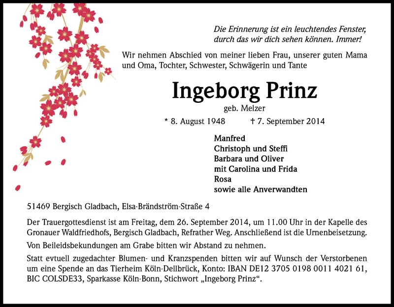  Traueranzeige für Ingeborg Prinz vom 20.09.2014 aus Kölner Stadt-Anzeiger / Kölnische Rundschau / Express